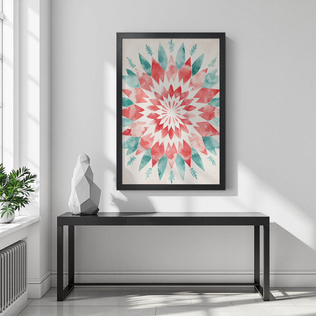 Framed Poster featuring a watercolor floral design in red and teal on a neutral background. Perfect wall art for any room.
