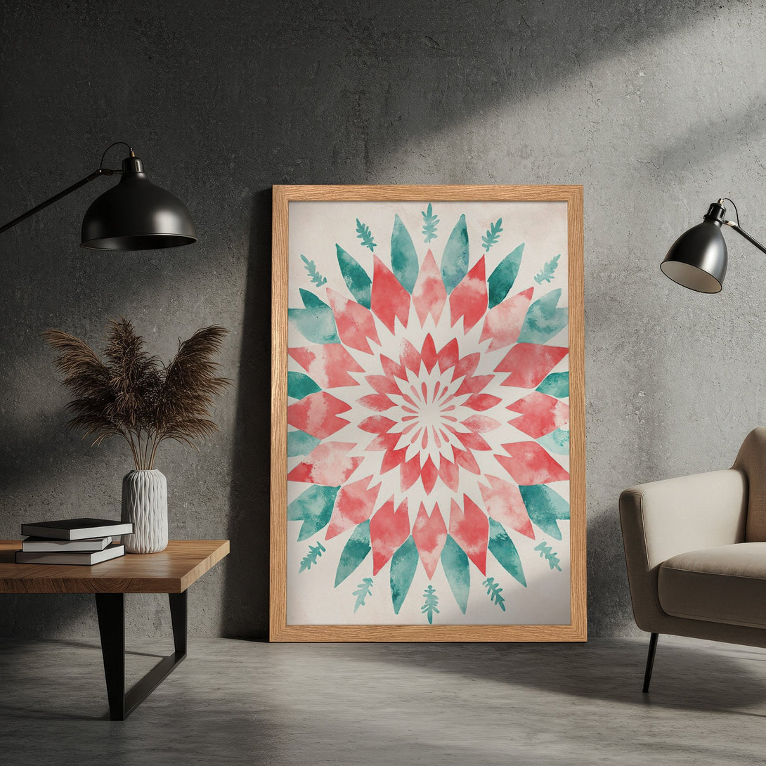 Framed Poster featuring a watercolor floral design in red and teal, perfect for adding a touch of art to your home decor.
