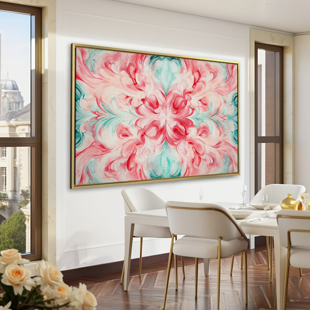 Abstract Canvas Print in a modern interior, featuring a floral design with a pink, teal, and white color palette. Perfect for home decor!