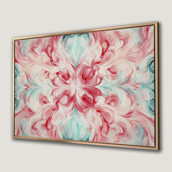 Framed Wall Art featuring an abstract floral design in red, pink, and teal. Modern canvas print perfect for adding color and style to your space.