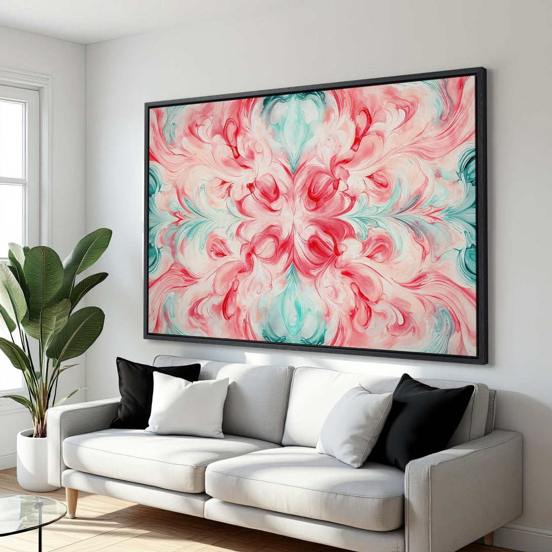 Framed Wall Art: Abstract floral design in pink, teal, and white. Modern art canvas print for living room decor. Add a pop of color!