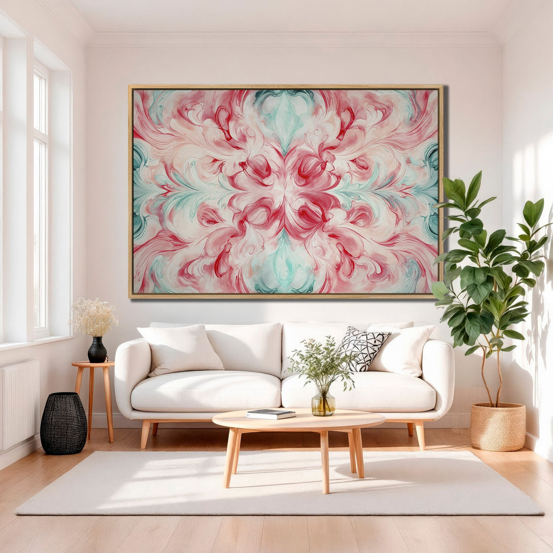 Framed Wall Art: Abstract floral design in pink and teal, displayed in a modern living room. Enhance your space with this vibrant Canvas Print.
