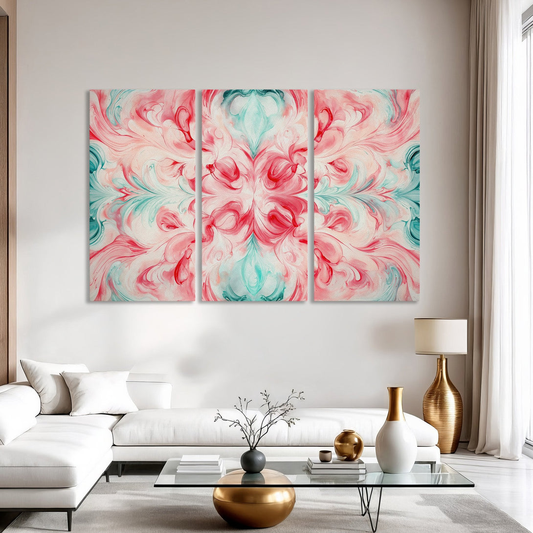 Abstract Canvas Print in pink, teal, and white. Modern wall art for living room decor.