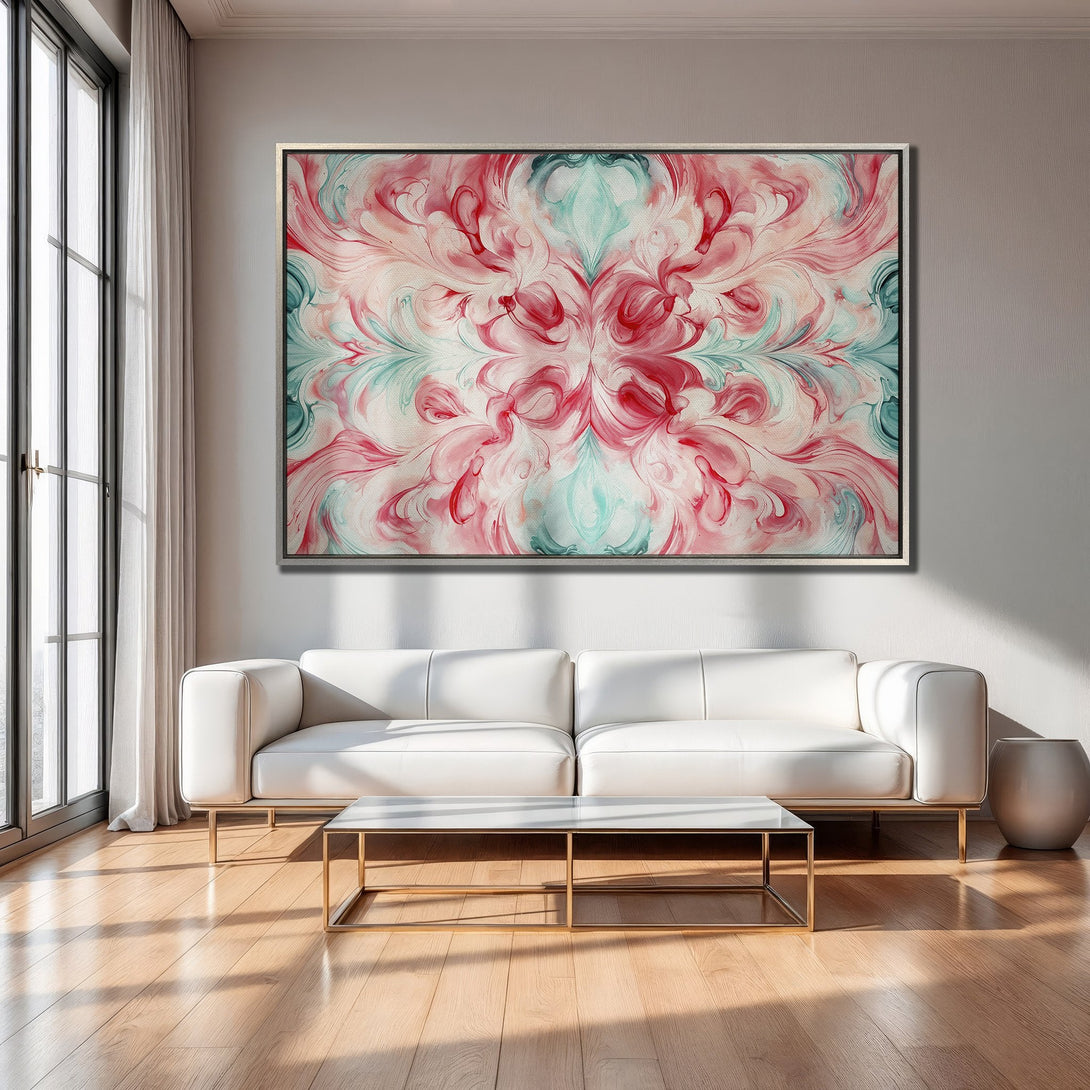 Framed Wall Art: Abstract floral design in pink, teal, and white. Modern art canvas print adds a pop of color to any room.