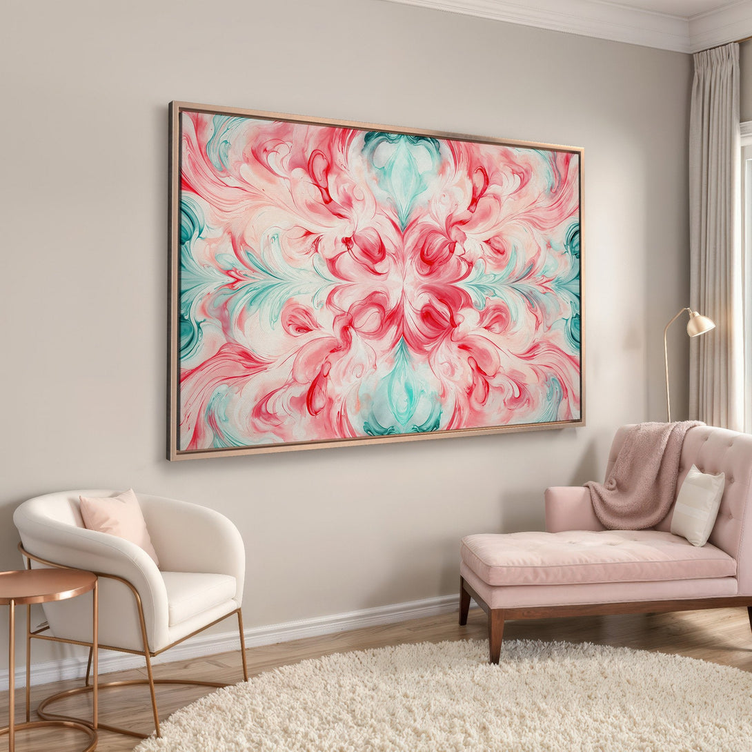Framed Wall Art: Abstract floral design in pink, teal, and white. Modern canvas print adds a pop of color to any living room.