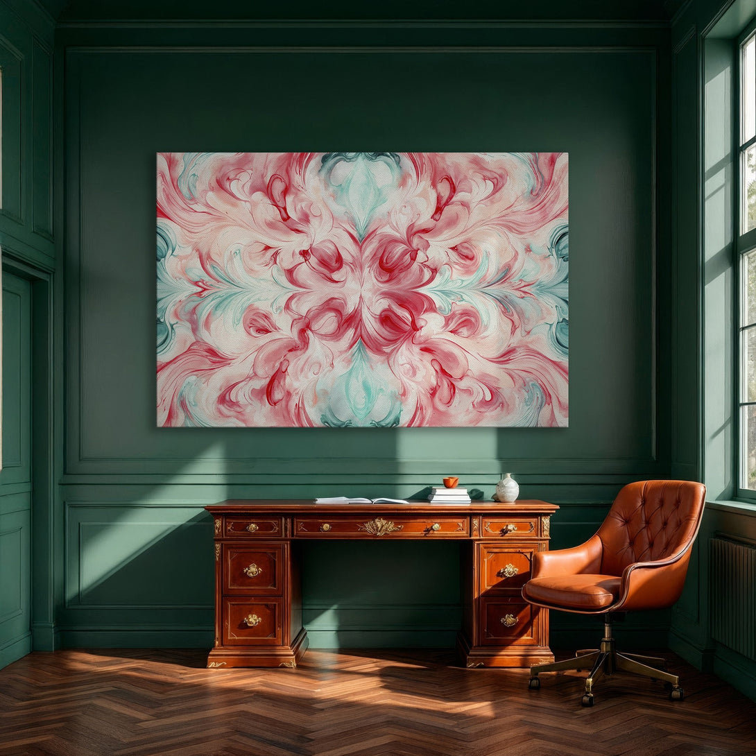 Framed Wall Art: Abstract floral design in red, teal, and white. Modern art for dining room decor. Enhance your space with this beautiful canvas print.