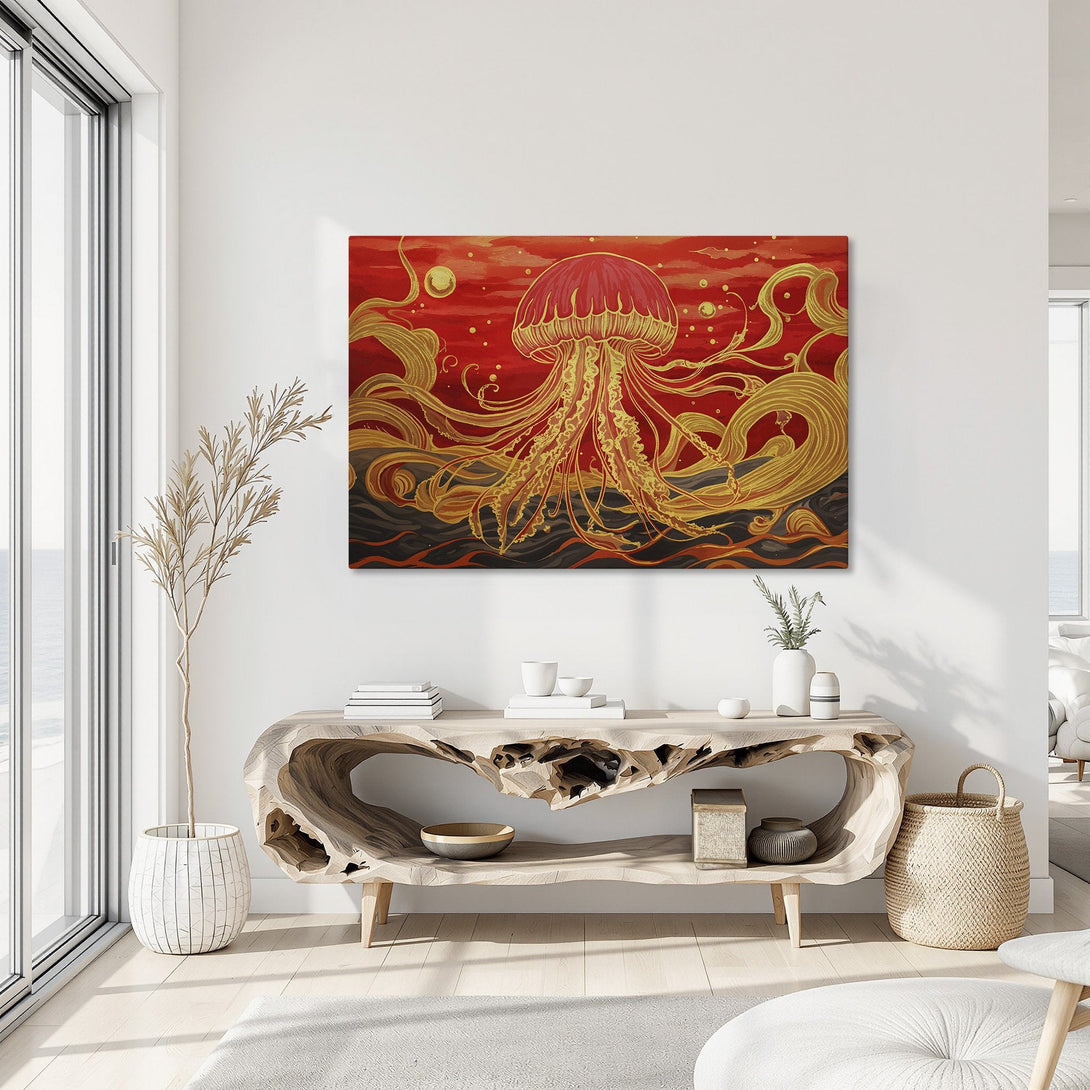 Framed Wall Art: Stunning jellyfish art print in red and gold, adding a touch of elegance to any space. Transform your walls!