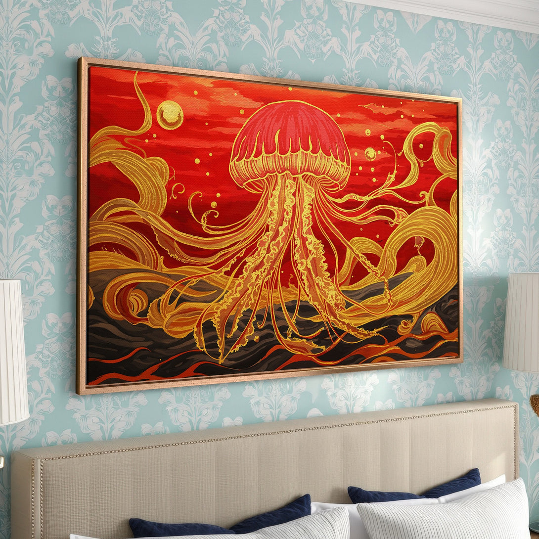 Framed Wall Art: Stunning jellyfish art in vibrant red and gold tones. Add a touch of elegance to your space with this beautiful Canvas Print!