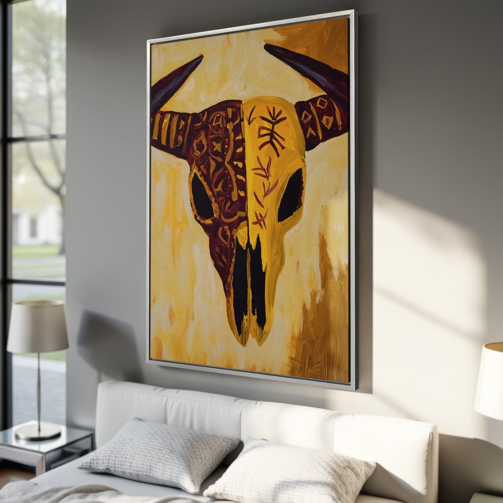 Framed Wall Art: Bold bull skull painting in warm yellow and brown tones. Add a touch of southwestern style to your bedroom with this unique canvas print.