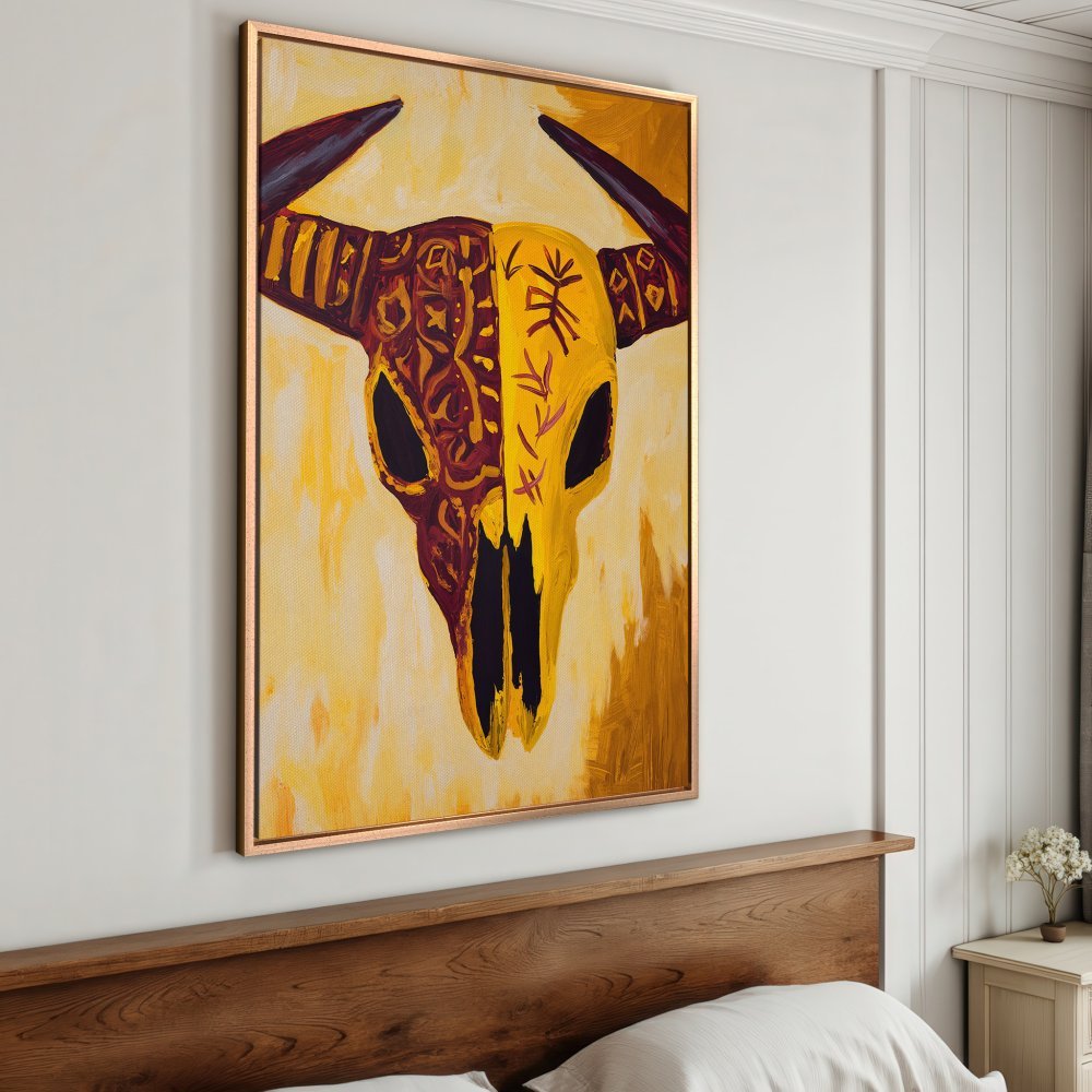 Framed Wall Art: Bold, abstract cow skull painting in warm yellow and burgundy tones. Add a statement piece to your space!