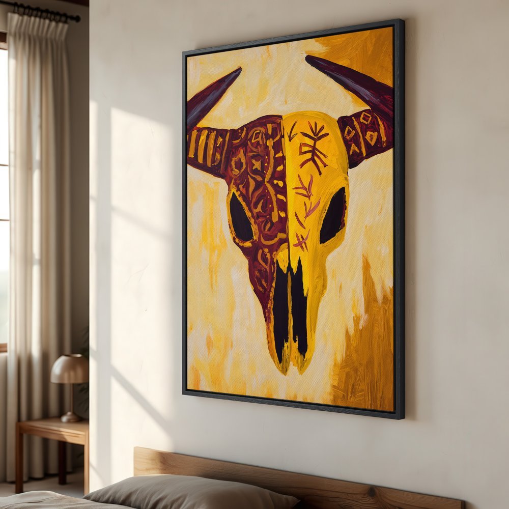 Framed Wall Art: Abstract bull skull painting in warm yellow and burgundy tones. Modern art canvas print for stylish home decor.