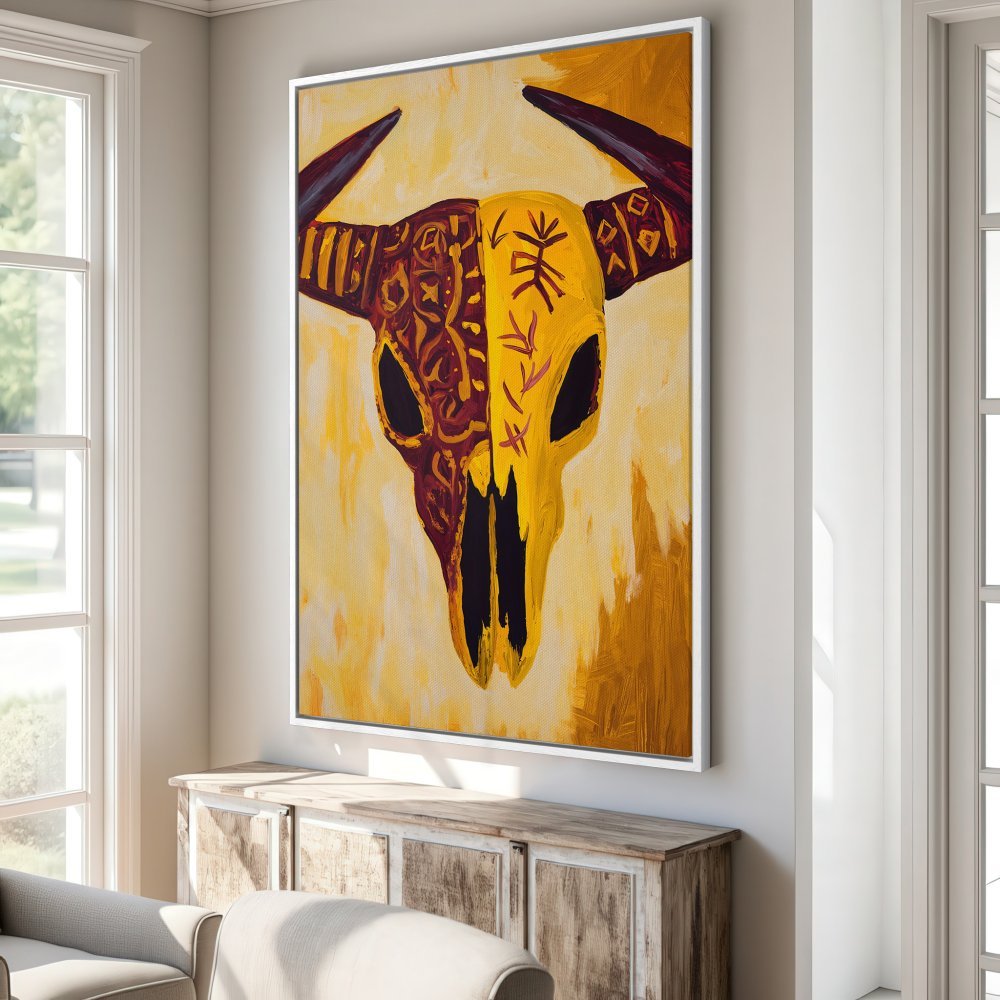 Framed Wall Art: Bold bull skull painting in warm yellow and burgundy tones. Add a touch of bohemian style to your home decor.