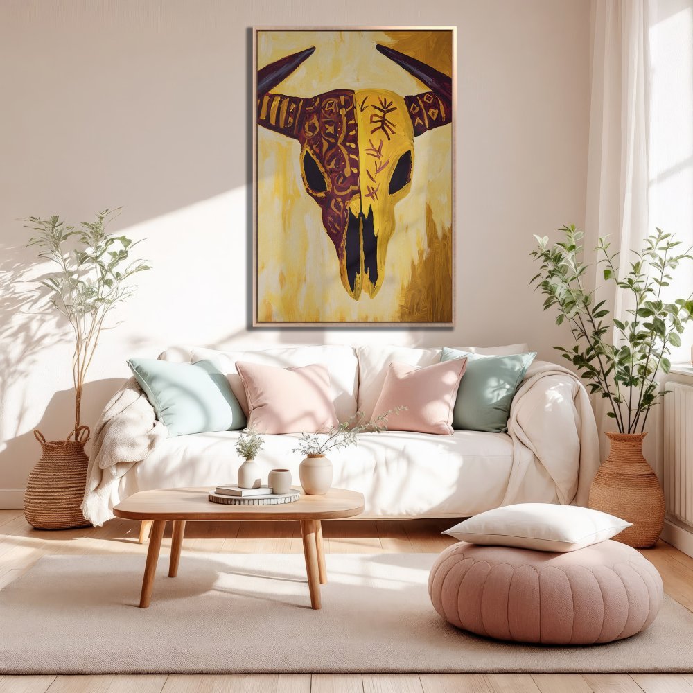 Framed Wall Art: Bold bull skull painting in warm yellow & brown tones. Modern art for living room decor. Shop canvas prints!