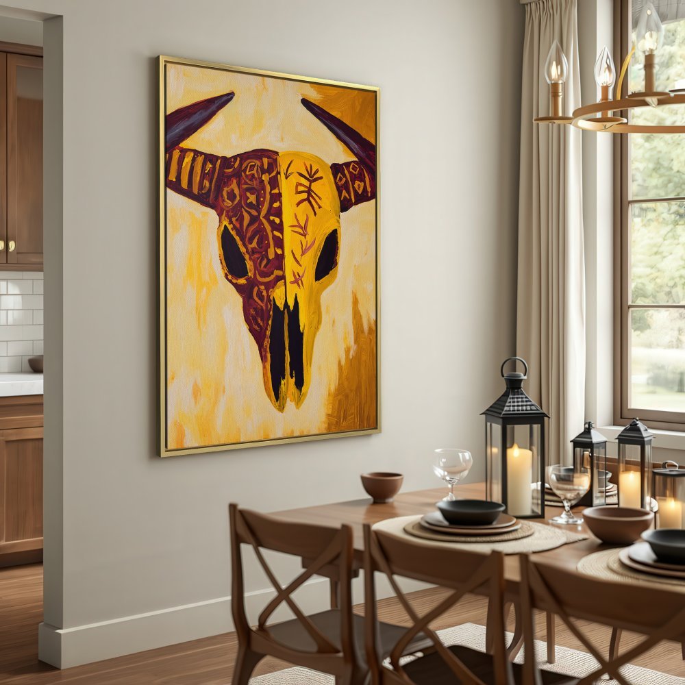 Abstract Canvas Print of a bull skull in warm yellow & brown tones. Perfect wall art for a rustic or bohemian style.