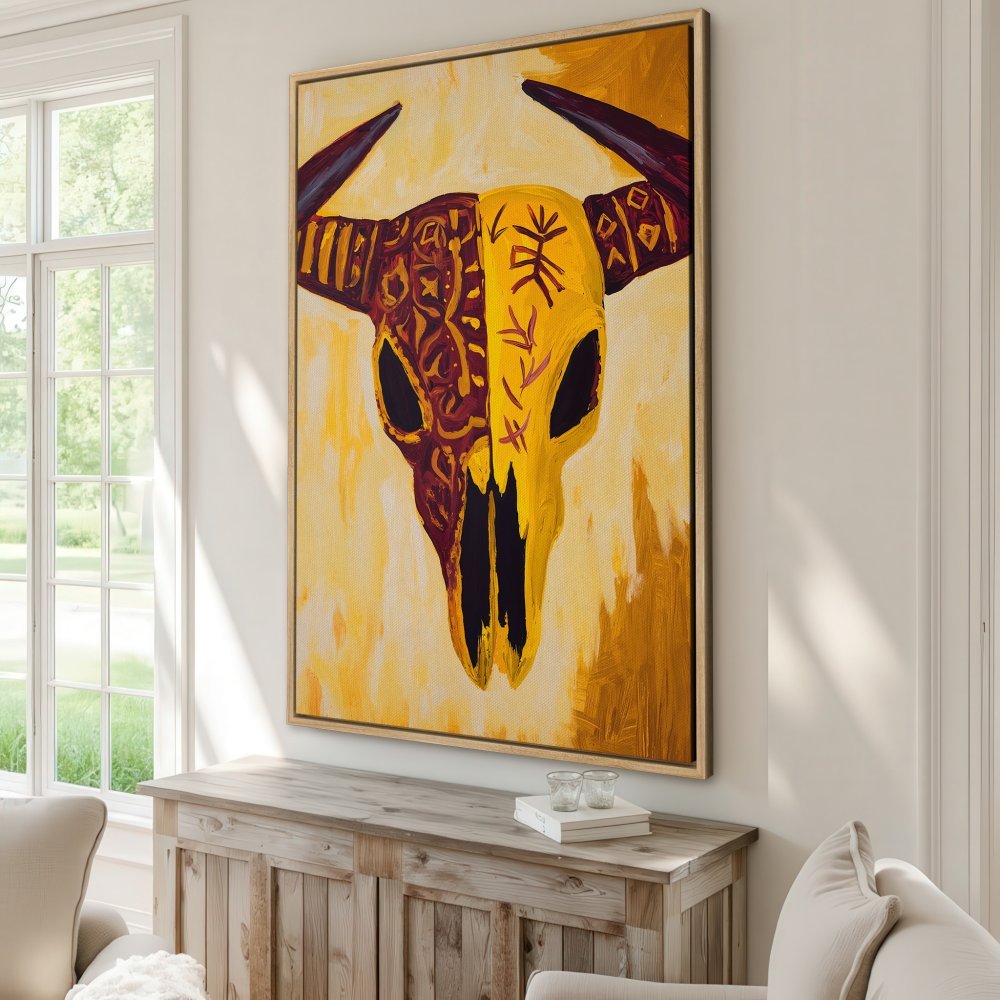 Framed Wall Art: Bold bull skull painting in warm yellow and maroon tones. Add a touch of tribal style to your home decor.