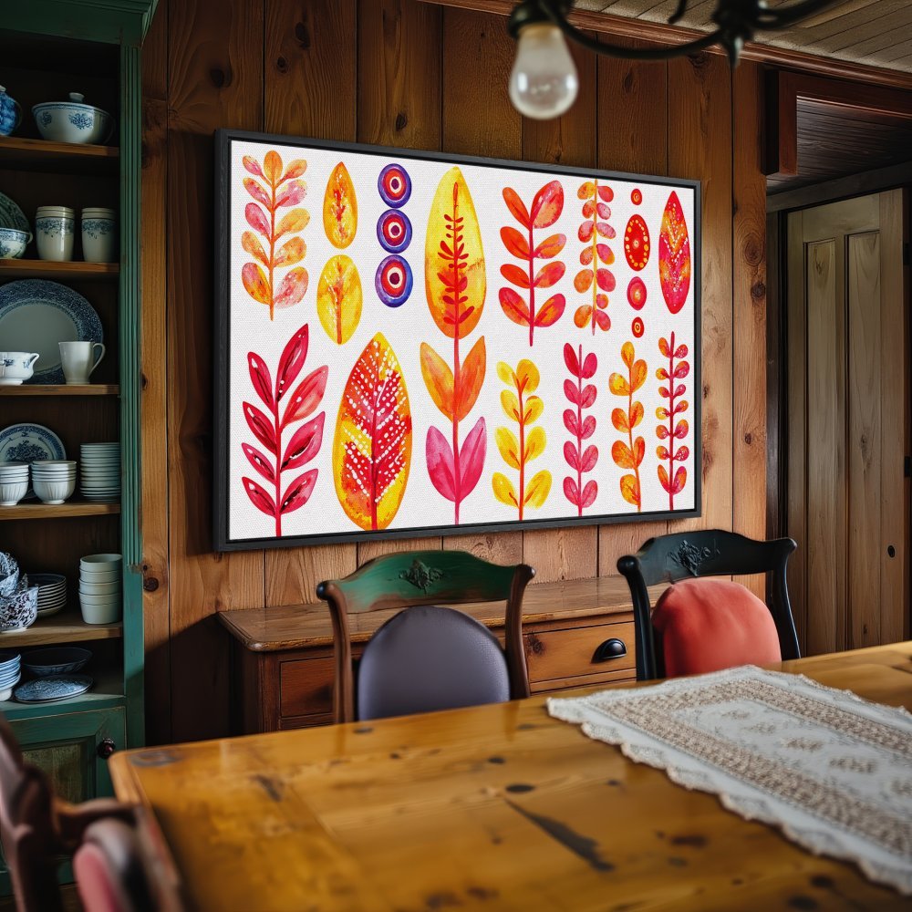 Framed Wall Art: Watercolor floral Canvas Print in warm red, yellow, and orange tones, perfect for adding a pop of color to your home decor.
