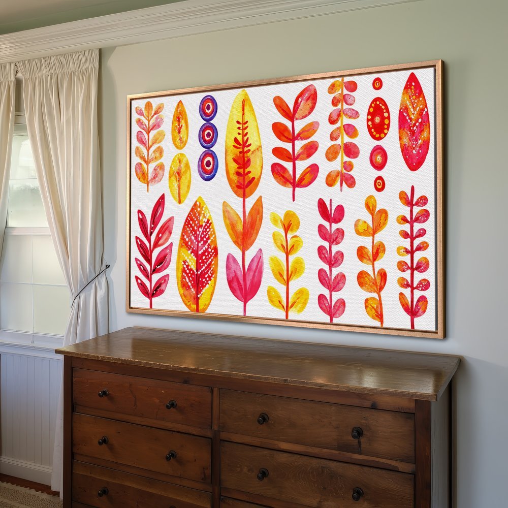 Vibrant watercolor Canvas Print featuring abstract leaves in warm red, orange, and yellow hues. Perfect for adding a pop of color to your home decor!