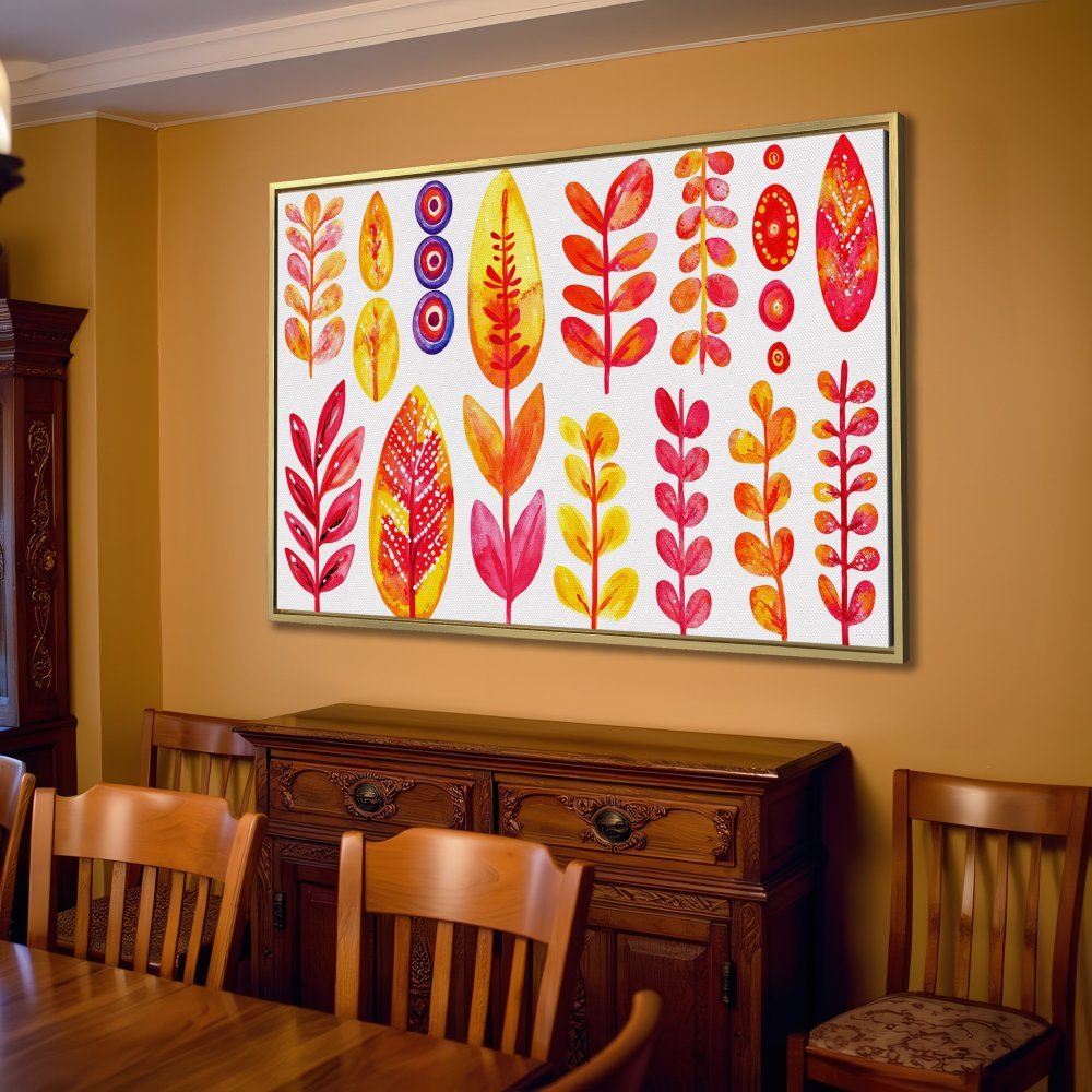 Canvas Print featuring colorful watercolor leaves in red, yellow, and orange. Modern wall art for a vibrant living room.