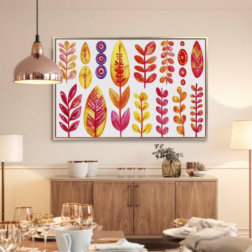 Framed Wall Art: Watercolor leaf print in warm red, yellow, and orange hues. Perfect for adding vibrant, modern style to your home decor.