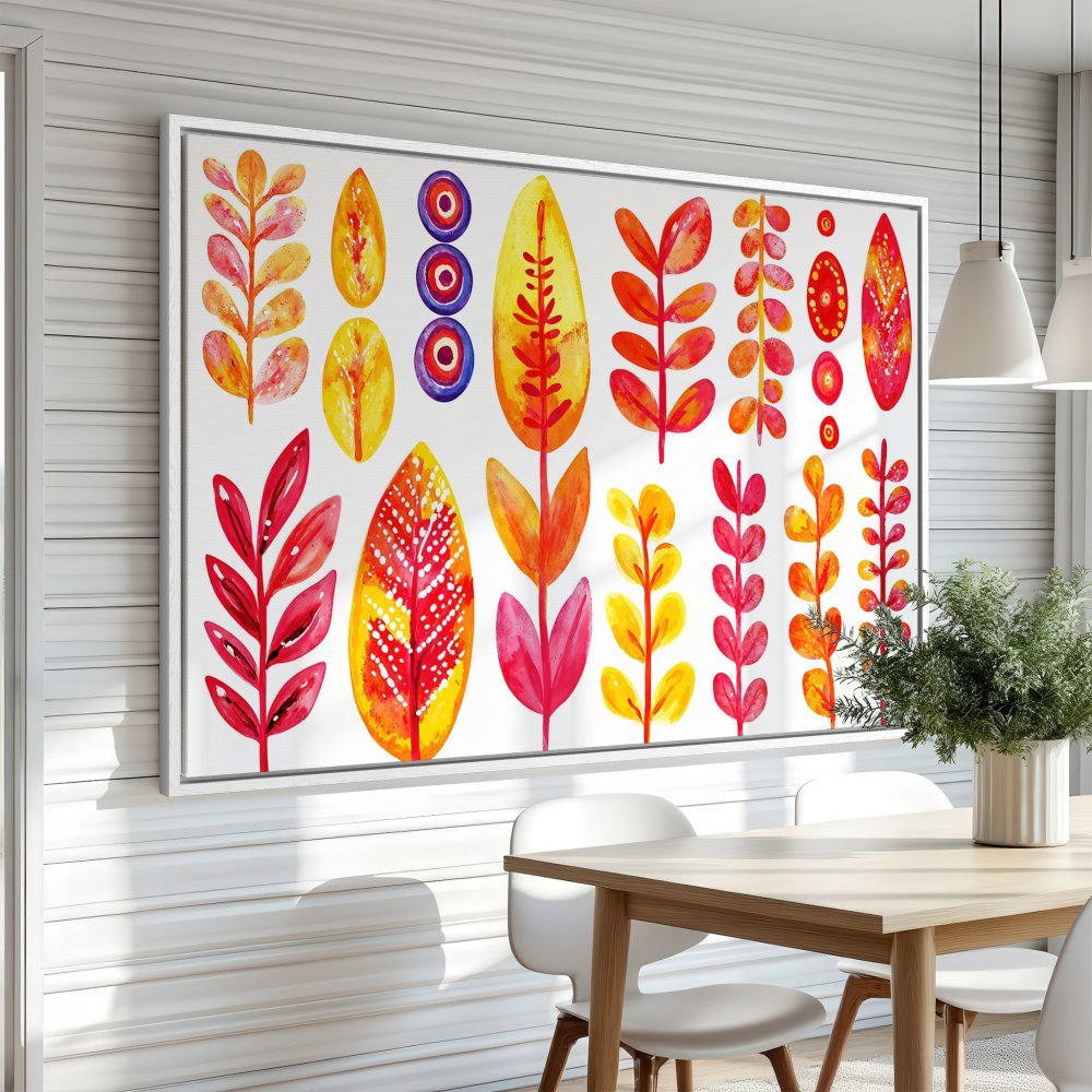 Framed Wall Art: Watercolor botanical print in warm red, orange, and yellow hues. Modern art for home decor, perfect for living rooms and dining areas.