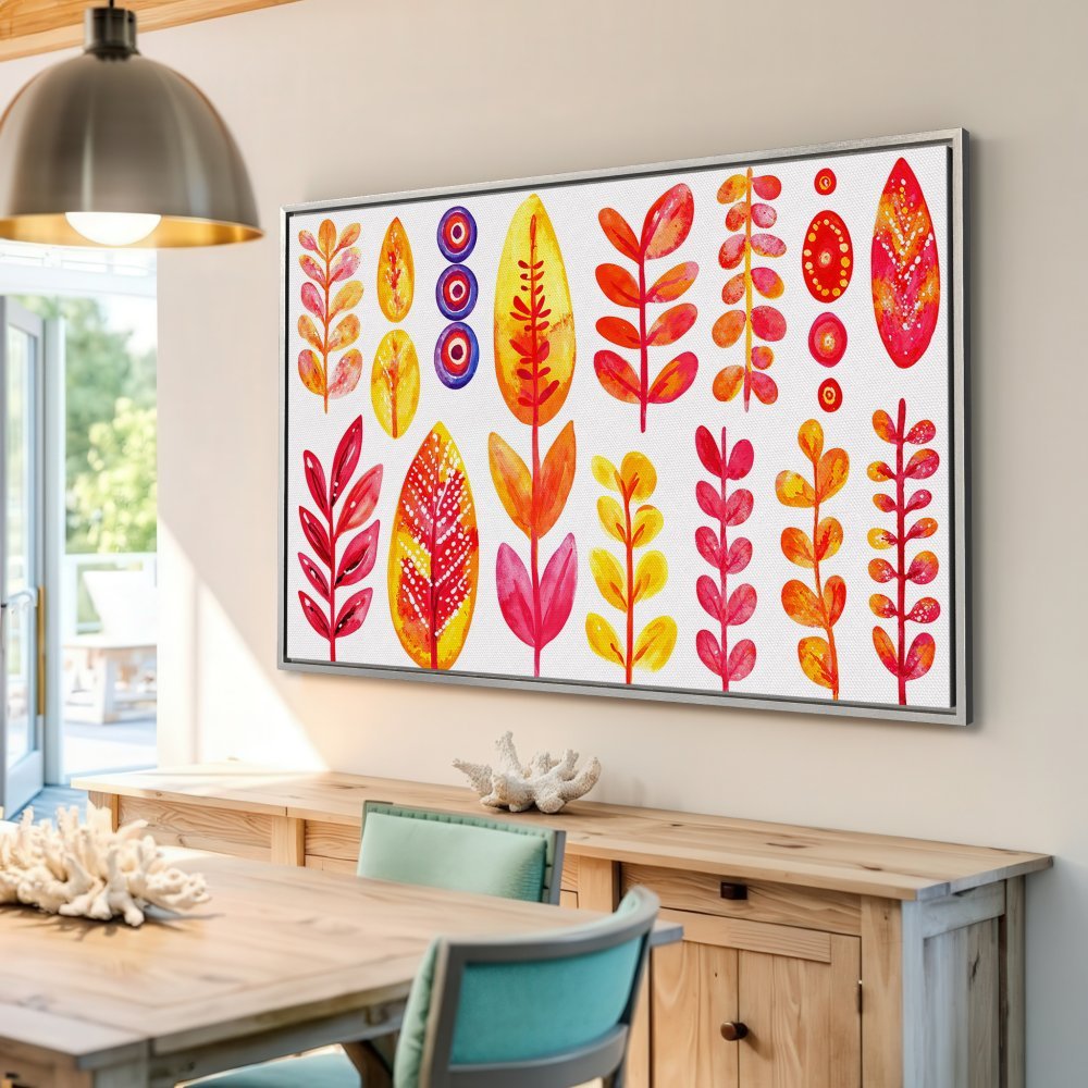 Framed Wall Art with vibrant watercolor leaves in red, orange, and yellow. Perfect for adding a pop of color to your home decor!