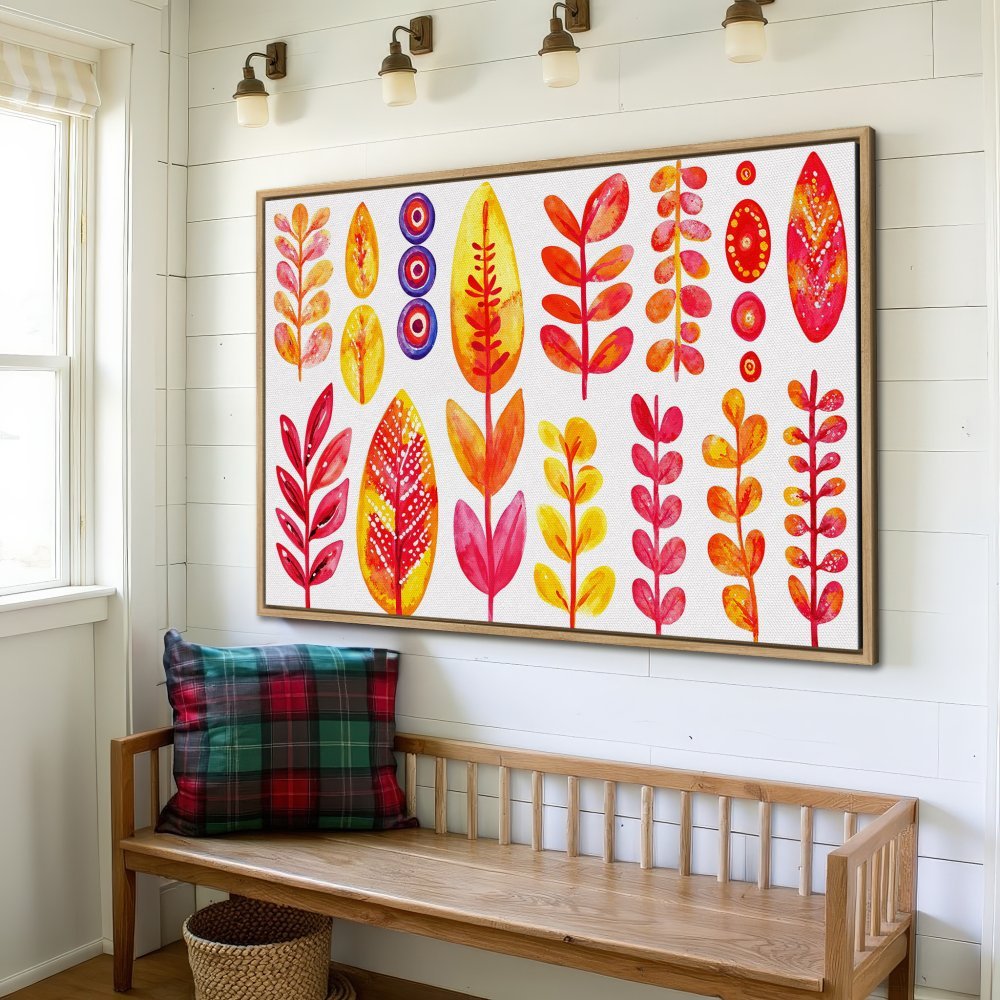 Framed Wall Art: Colorful watercolor botanical print in warm red, yellow, and orange hues. Modern floral artwork for home decor.