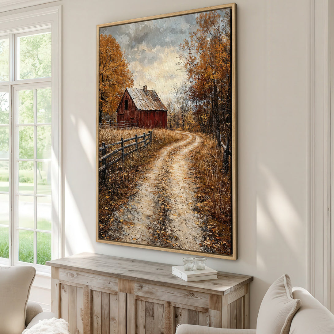 Framed Wall Art of a rustic barn scene in autumn colors. Warm, inviting landscape painting with a brown and gold color palette. Perfect for farmhouse decor.