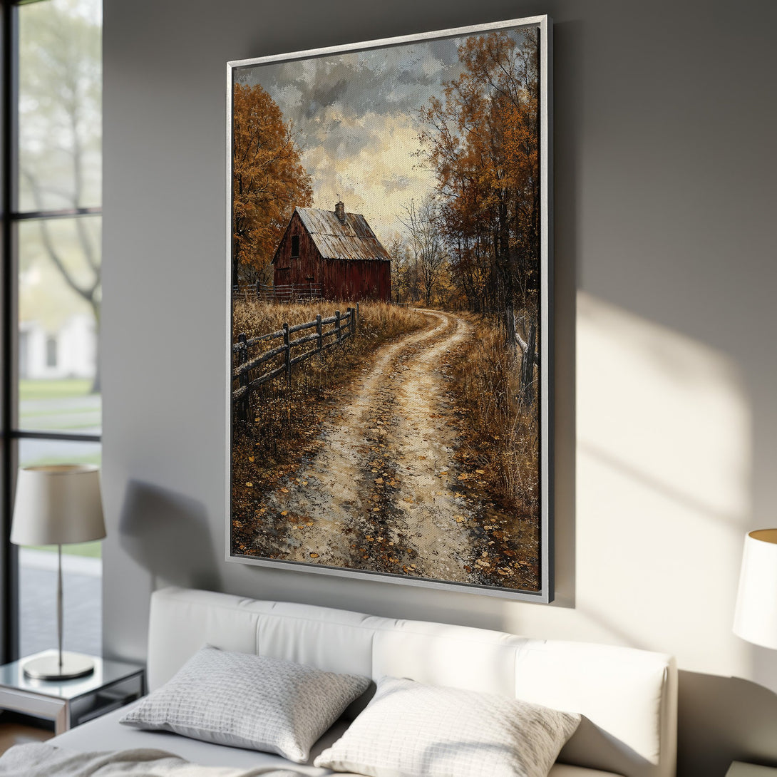 Framed Wall Art: Rustic barn scene in warm autumn tones. Landscape canvas print with a vintage, painterly style. Perfect for farmhouse decor.
