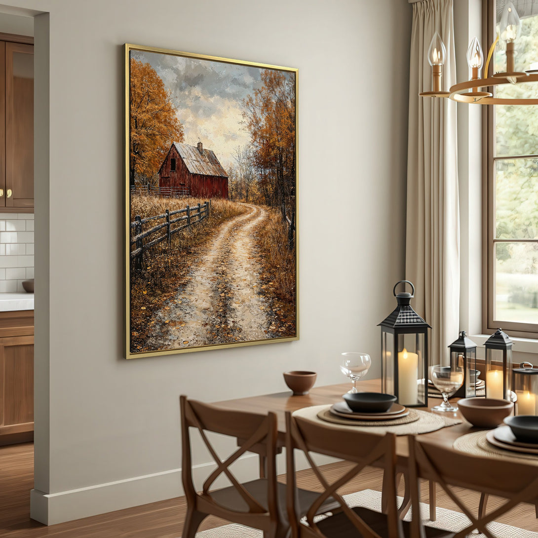 Canvas Print of a rustic barn scene in warm autumnal tones. Perfect farmhouse style wall art for your home.