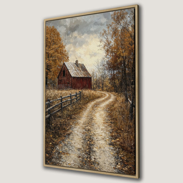 Framed Wall Art: Rustic barn scene Canvas Print, warm autumn colors. Perfect farmhouse decor. Adds cozy, inviting style to any room.