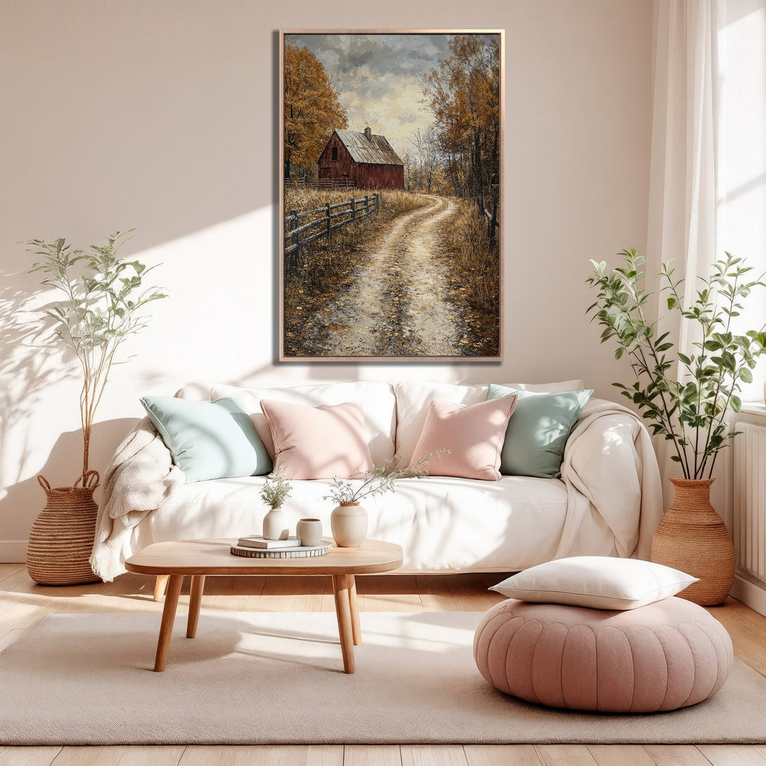 Framed Wall Art of a rustic barn scene in warm, earthy tones. Perfect for adding a cozy, farmhouse aesthetic to your living room.