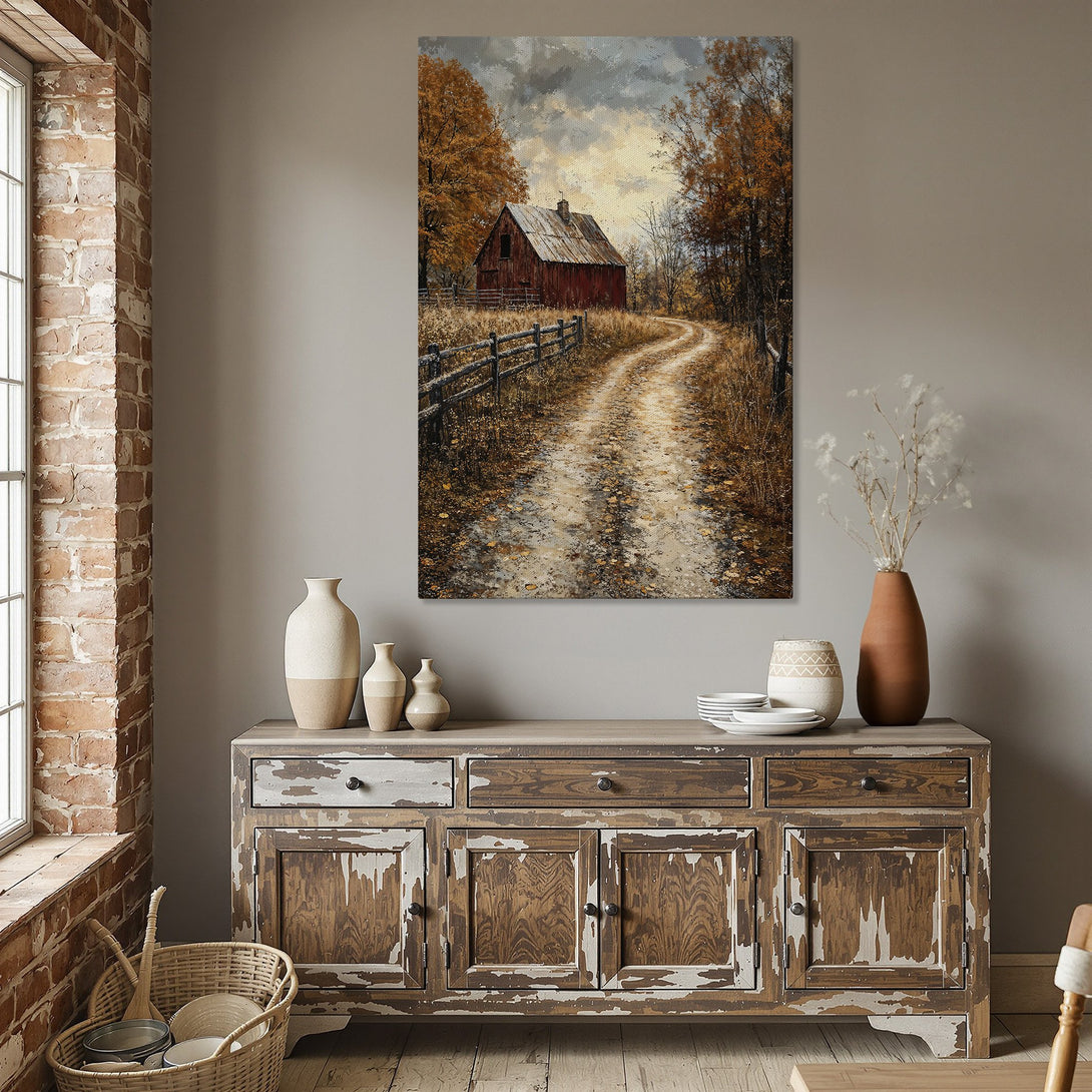 Framed Wall Art: Rustic barn scene in warm autumn colors. Perfect for farmhouse decor. Canvas Print adds cozy charm to any dining room.