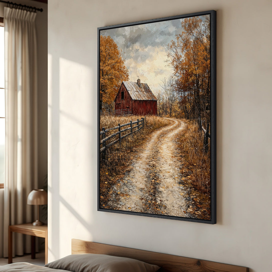 Framed Wall Art: Rustic barn landscape in warm autumn tones. Enhance your space with this beautiful canvas print, featuring a serene countryside scene.