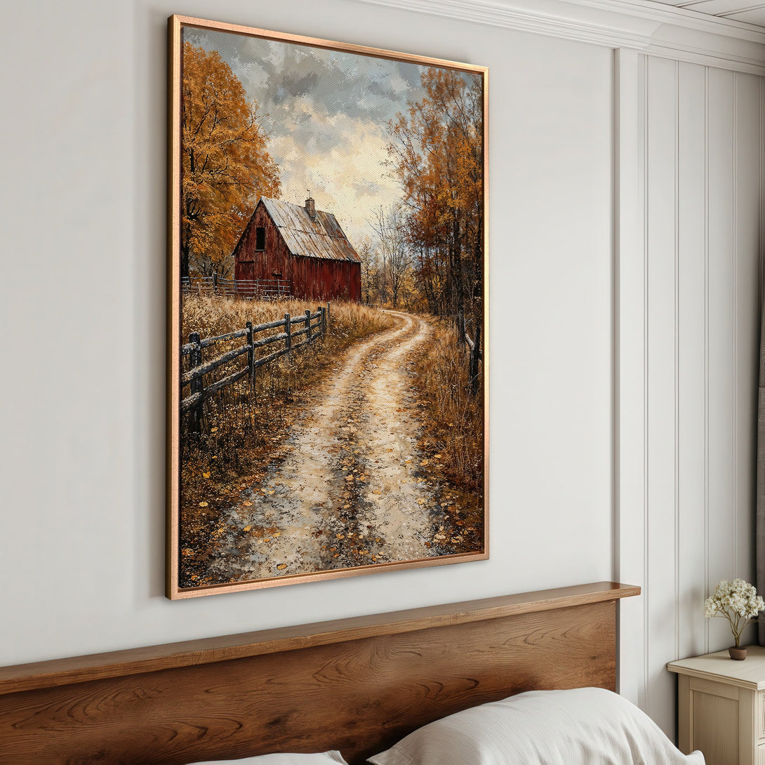 Framed Wall Art: Rustic barn landscape Canvas Print with warm autumn color palette. Perfect for farmhouse decor. Bring the outdoors in!