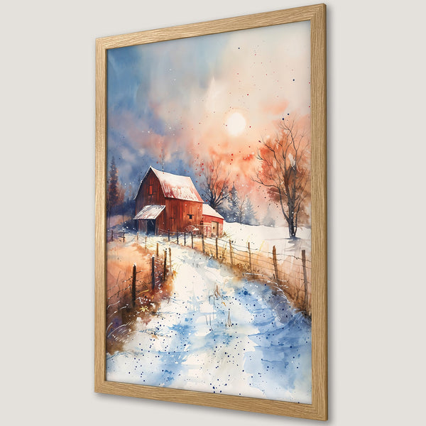 Framed Poster of a watercolor winter landscape with a red barn, warm sunset colors, and a serene style. Perfect wall art!