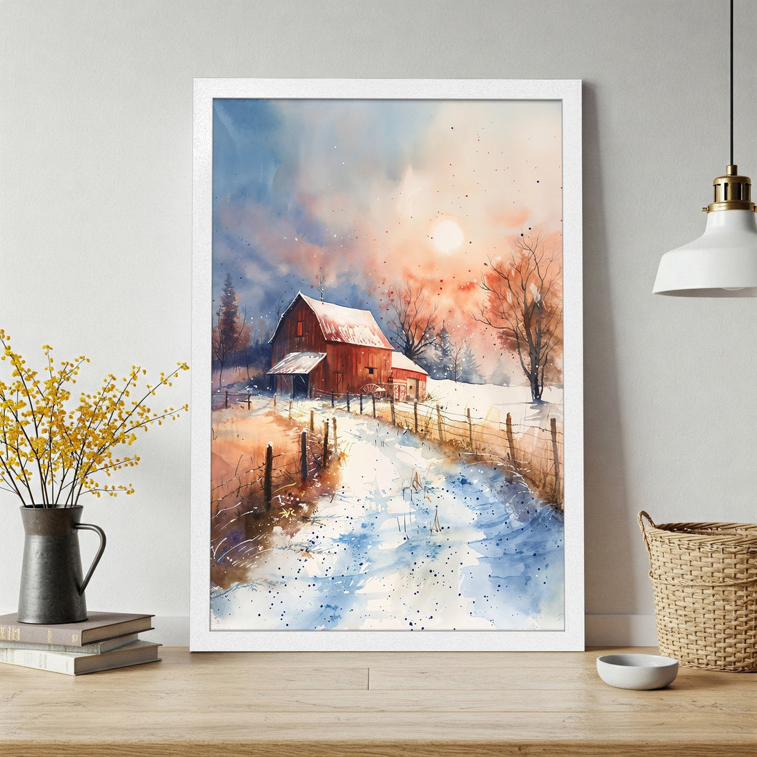 Framed Poster of a watercolor winter barn scene. Warm sunset colors and cool blues create a cozy, artistic style. Perfect wall art!