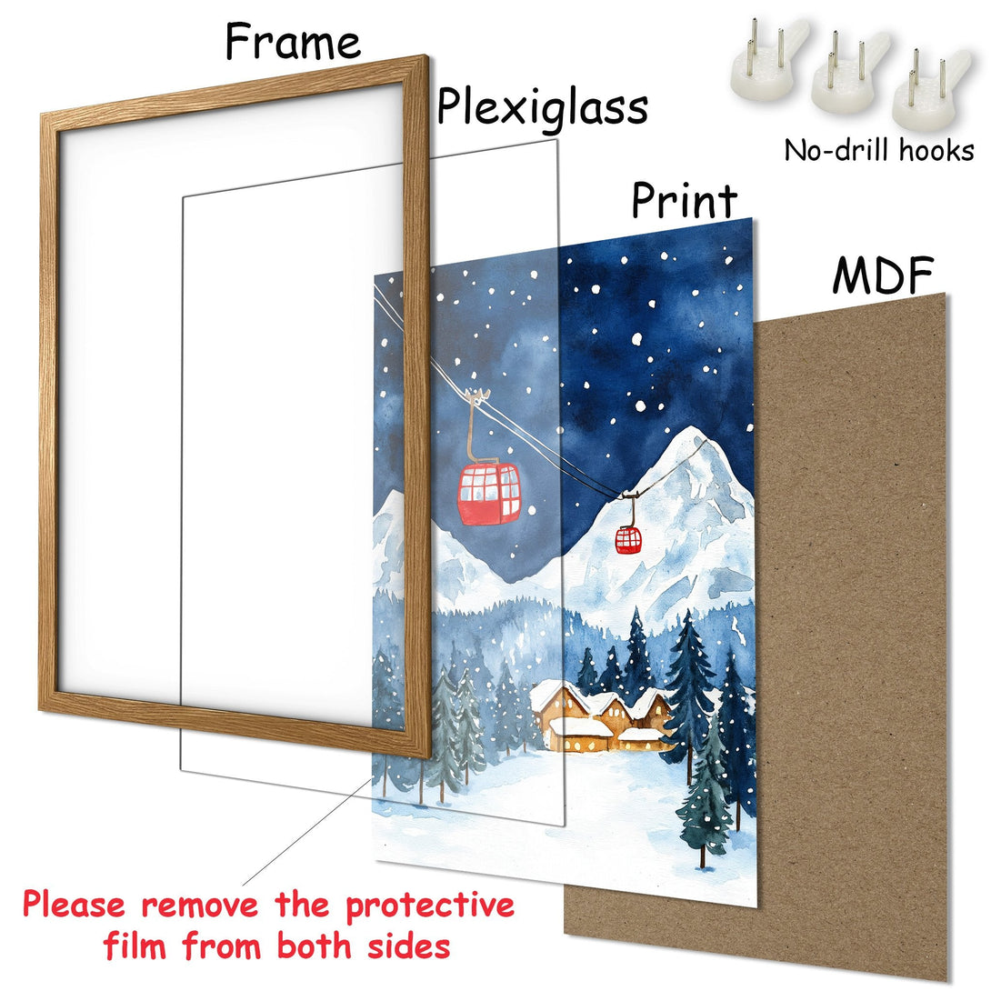 Framed Poster featuring a watercolor winter landscape with a blue and red color palette. Ready to hang art for your home.