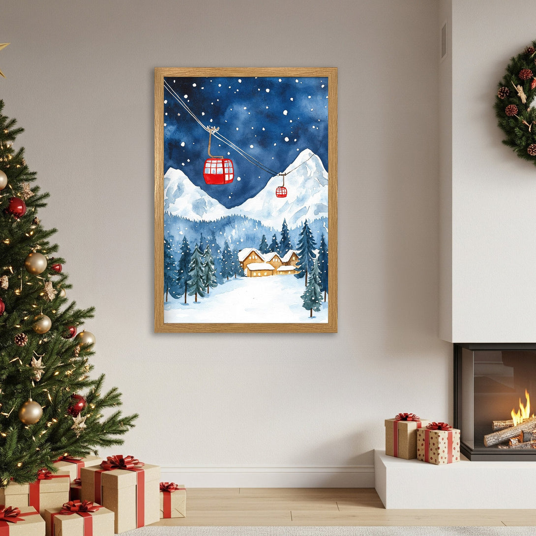 Framed Poster featuring a watercolor winter landscape with ski lift, snowy mountains, and cabin. Blue, white, and red color palette.
