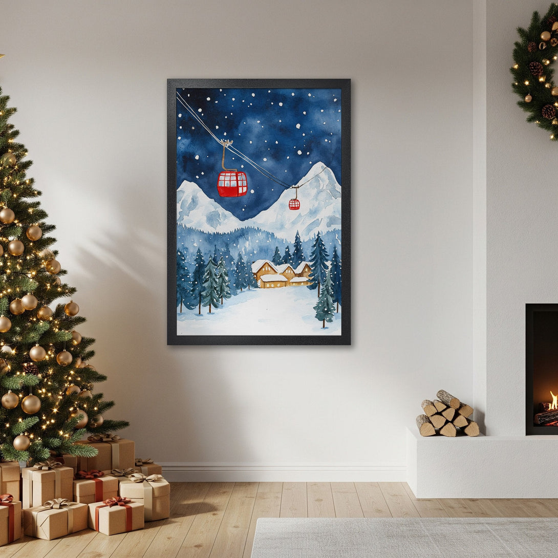 Framed Poster featuring a watercolor winter landscape with a ski lift, in blue and red tones. Perfect for holiday decor!