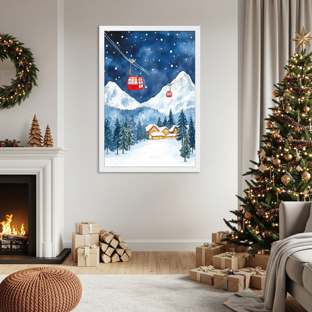 Framed Poster featuring a watercolor winter scene with a blue and red color palette. Perfect holiday decor!