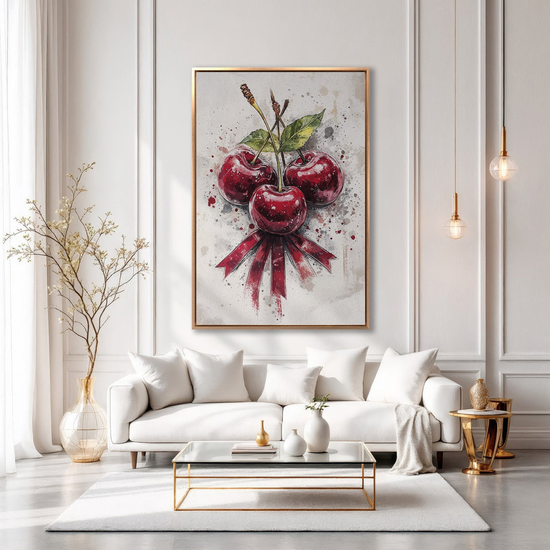 Framed Wall Art: Watercolor cherries in a modern interior with a red and white color palette. Perfect for kitchen or dining room decor.