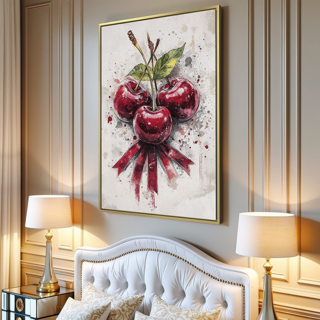 Canvas Print featuring watercolor cherries with a red ribbon, displayed in a modern interior. Vibrant red and green hues against a neutral background.