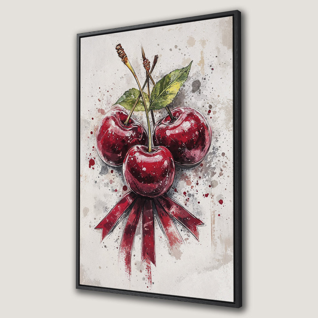 Framed Wall Art featuring watercolor cherries with a red ribbon. Modern style, red and neutral color palette. Perfect kitchen or dining room decor.
