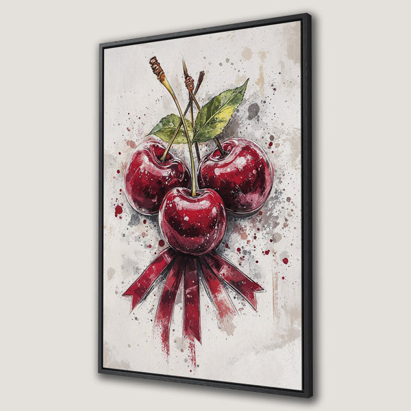 Framed Wall Art featuring watercolor cherries with a red ribbon. Modern style, red and neutral color palette. Perfect kitchen or dining room decor.