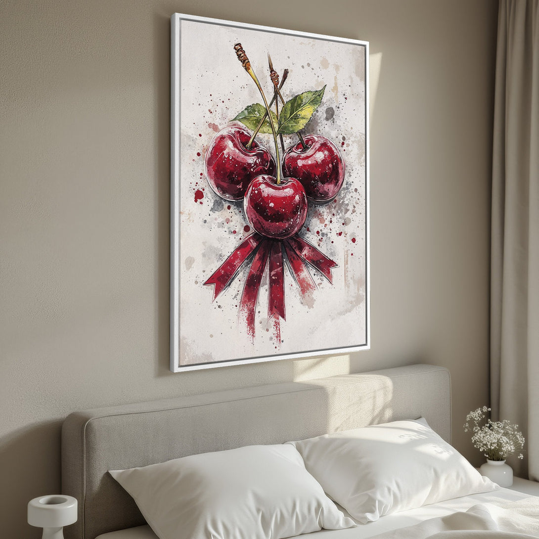 Framed Wall Art featuring watercolor cherries in red, green, and white. Perfect for kitchen or dining room decor. Adds a touch of elegance to any space.