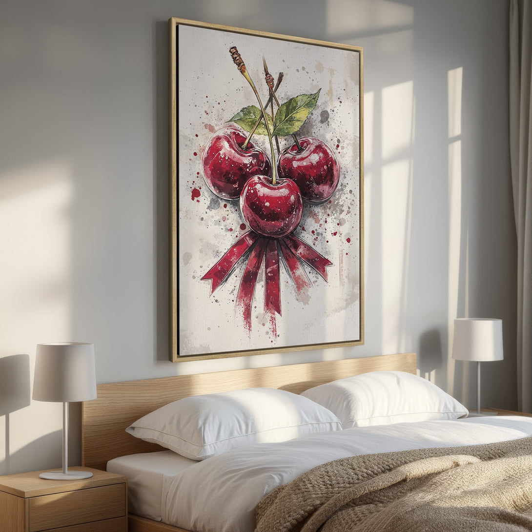 Framed Wall Art: Watercolor cherries with red and green accents. Modern art print in a bedroom setting, featuring a warm, neutral color palette.