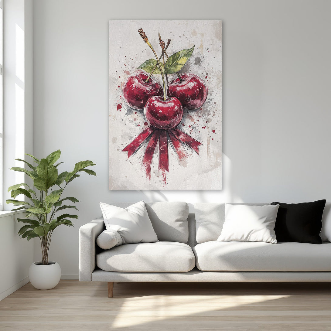 Framed Wall Art: Watercolor cherries in a gold frame. Adds a touch of elegance with a red and neutral color palette. Perfect for kitchen or dining room decor.