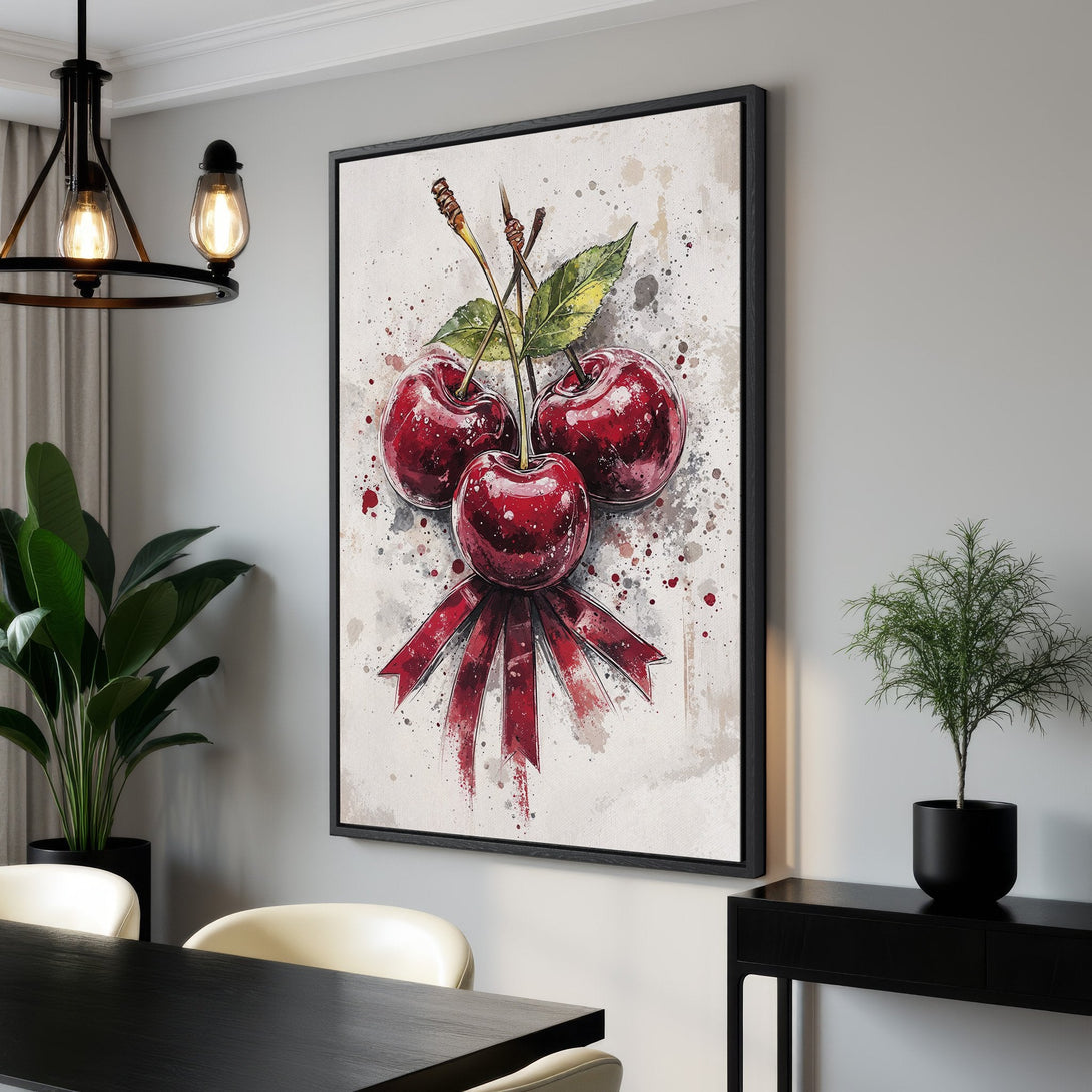 Framed Wall Art featuring a watercolor-style painting of cherries. Rich red and green hues pop against a neutral background. Perfect kitchen decor!