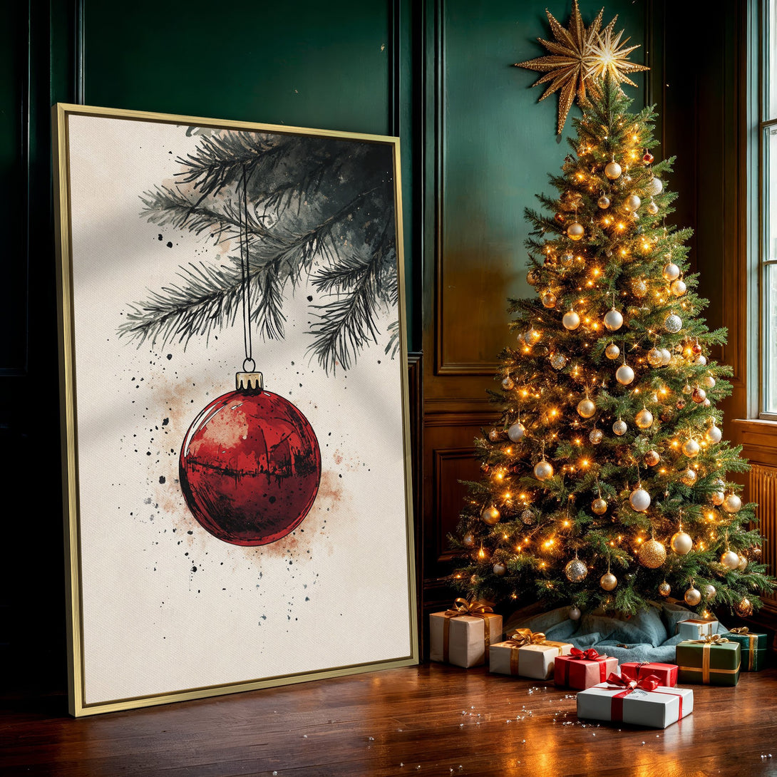 Canvas Print featuring a watercolor Christmas ornament in red, green, and neutral tones. Perfect holiday wall art!