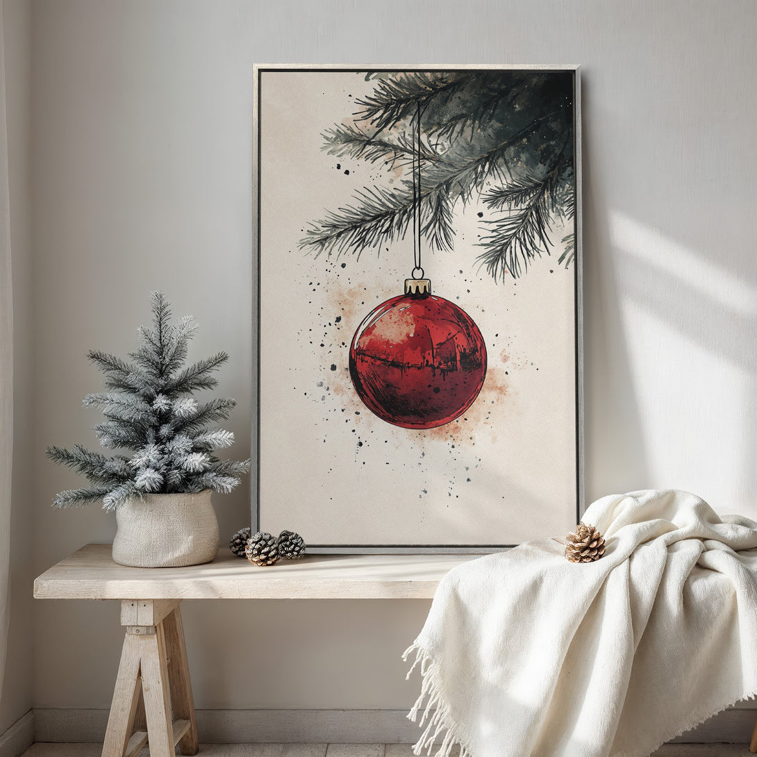 Framed Wall Art: Watercolor Christmas ornament print in red & green. Modern holiday decor, neutral palette. Perfect for cozy living rooms.